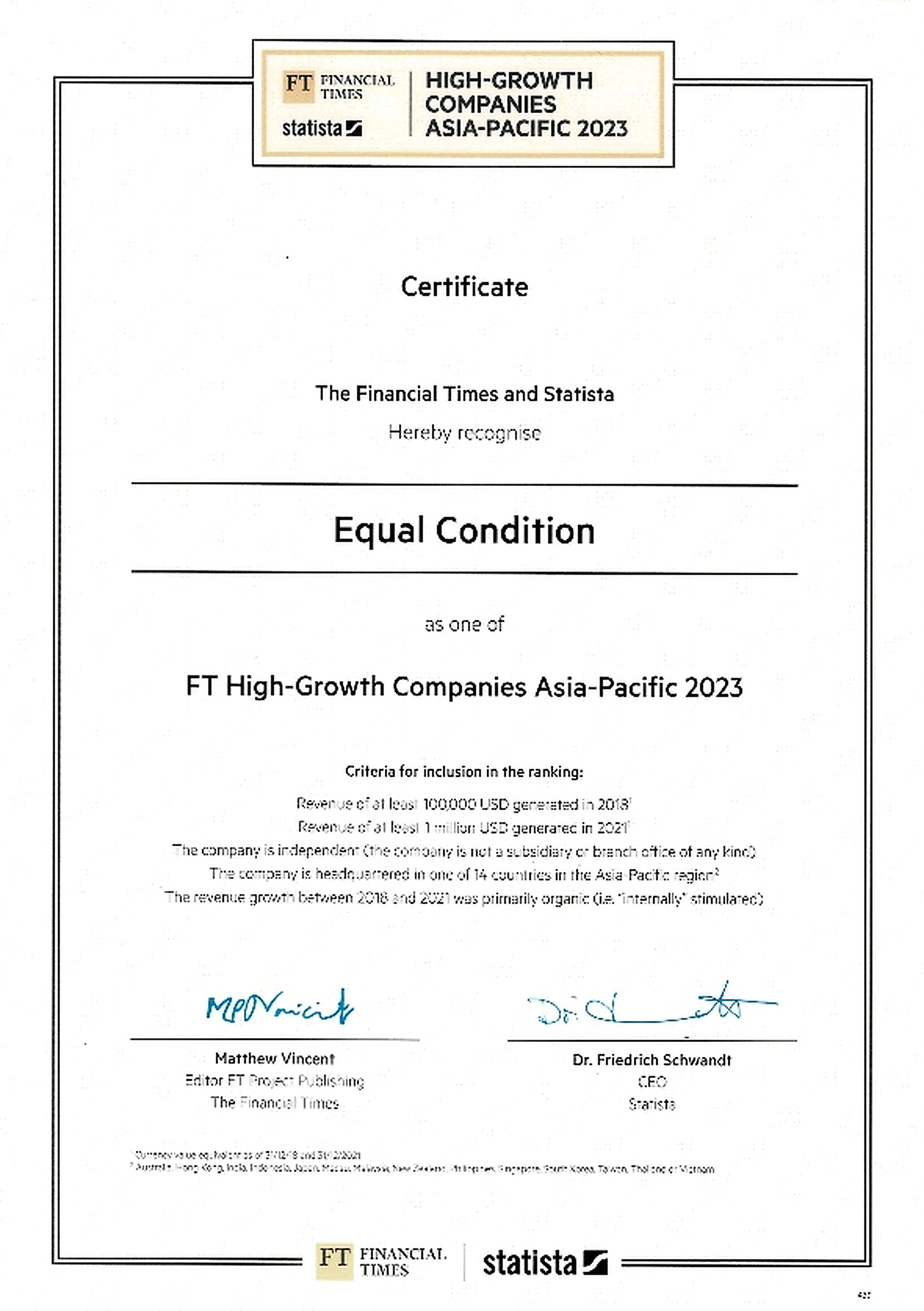 Financial Times / Statista High-Growth Companies Asia-Pacific 2023 Equal Condition 認定証